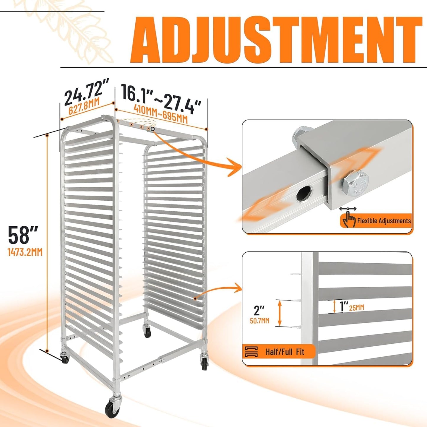 HECASA Adjustable Bun Pan Rack 25 Tier with Brake Wheels, Bakery Sheet Rack for Foodservice, Kitchen,Restaurant, Pizzeria, Hotel, Home, Aluminum, 24.72" L x 20.5" W x 58''H Oxidation