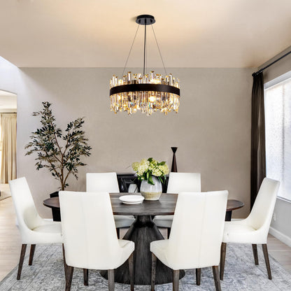Siljoy Black Crystal Chandelier for Dining Room, Modern 2-Tiers K9 Crystal Raindrop Chandelier 12 Lights Farmhouse Pendant Ceiling Light for Living Room Kitchen Island Entry Foyer D19.7''