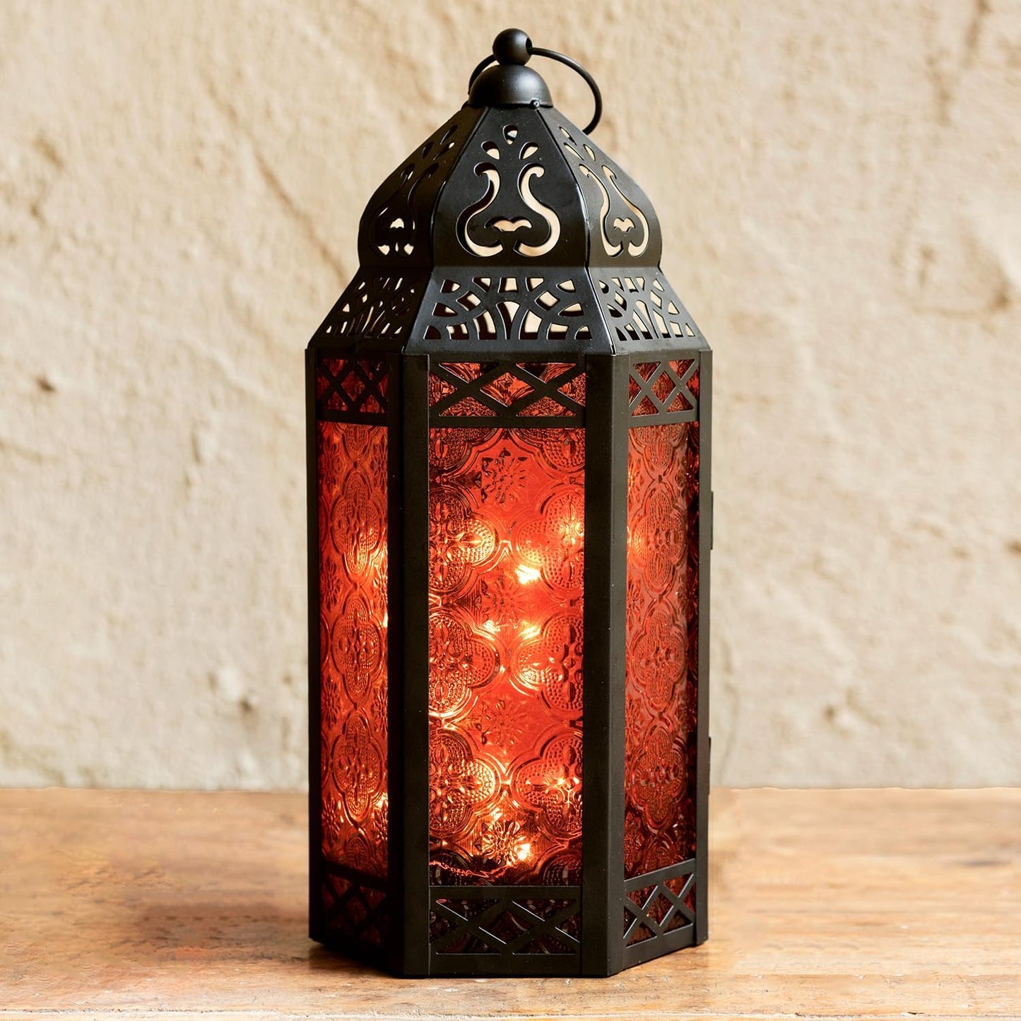 LampLust Moroccan Lantern with Lights - 11 Inch Decorative Indoor Lantern with LED Fairy Lights, Black Metal & Red Glass