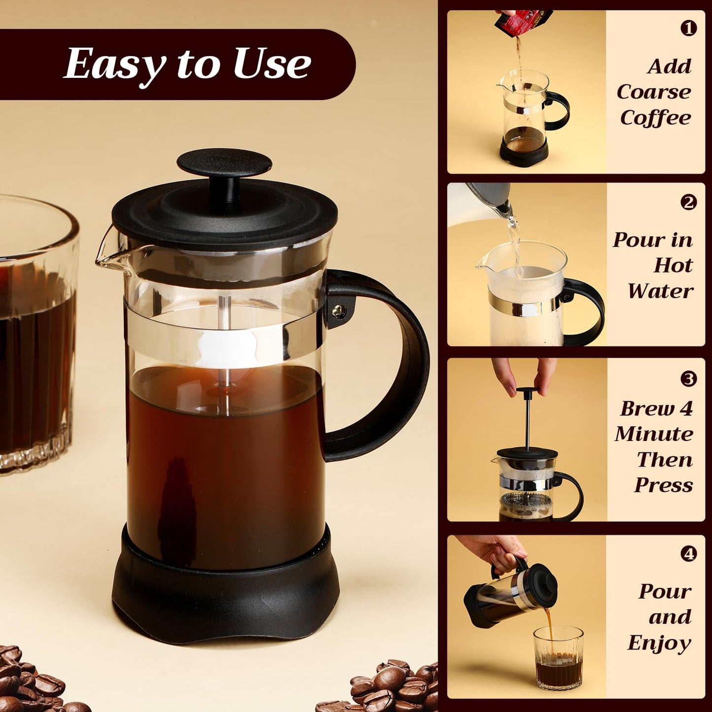 LemonRoad 4 Pack French Press Coffee Maker Borosilicate Glass Coffee Press Heat Resistant Stainless Steel Tea Maker for Travel Camping Kitchen Gifts Includes Pot Filters(12oz)