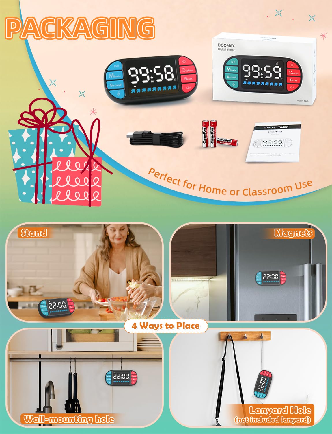 DOOMAY Digital Kitchen Visual Timer: 3.6'' Large LED Display, Magnetic, 3 Brightness, 4 Alarms and Volume, Memory Function, Countdown Count up for Cooking, Classroom, Home Gym, AAA Battery Included