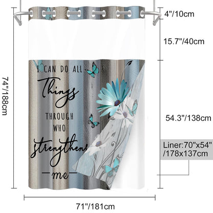 AZHM No Hooks Shower Curtain with Snap in Liner Rustic Teal Daisy Flower Inspirational Quotes Curtain for Bathroom Decor See Through Top Window Double Layers, 71x74 inches