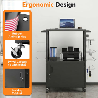 Mobile AV Cart, Heavy Duty Rolling Computer Cart with Push Handle & Hooks – Locking Cabinet, Pegboard, 4 Outlets, Lock Brake Casters – Media Utility Cart on Wheels for Office/Classroom