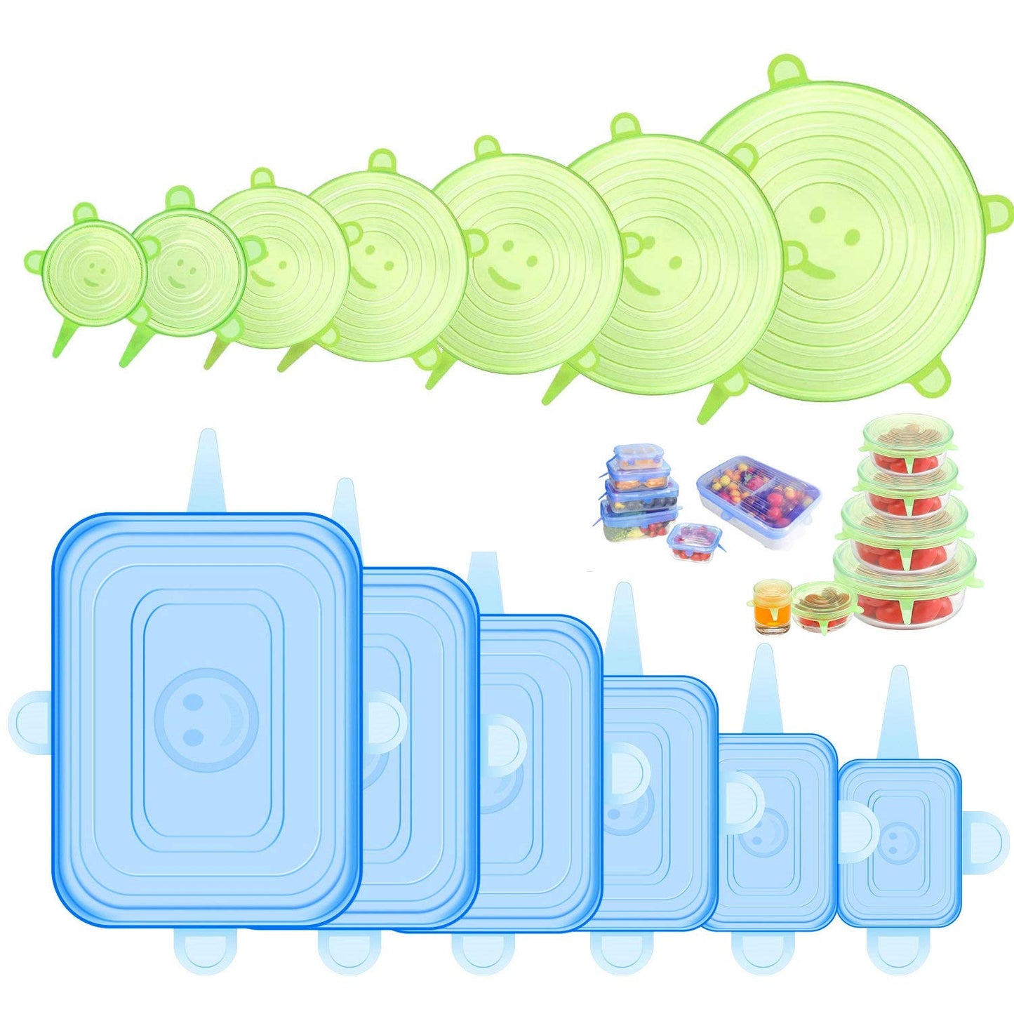 ONEGOL Silicone Stretch Lids for Food Storage in Fridge, 12 Pack Silicone Lids, Reusable Food Grade Silicone Bowl Covers for Cups, Bowls and Dish, 6 Sizes Round and Rectangle Shape