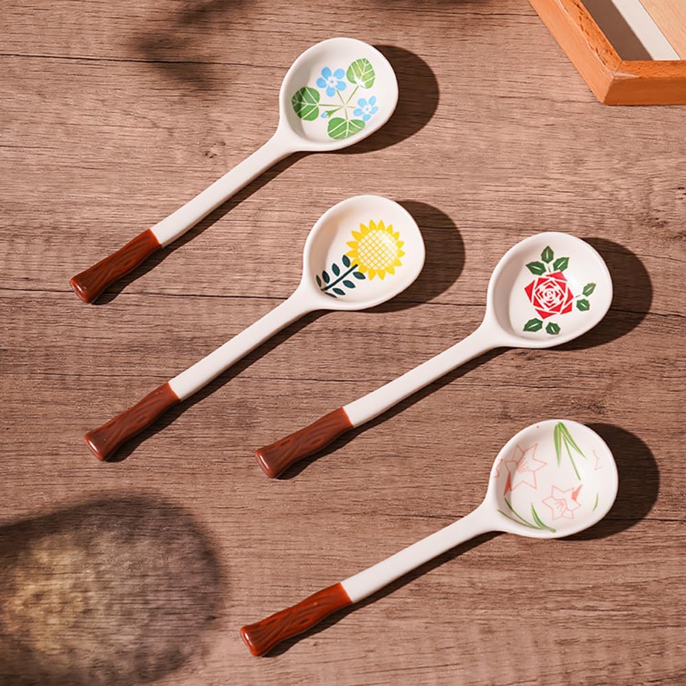 Set of 4 Ceramic Soup Spoons, Asian Tablespoon for Ramen, Pho, Wonton, Dumplings, Miso - Chinese and Japanese