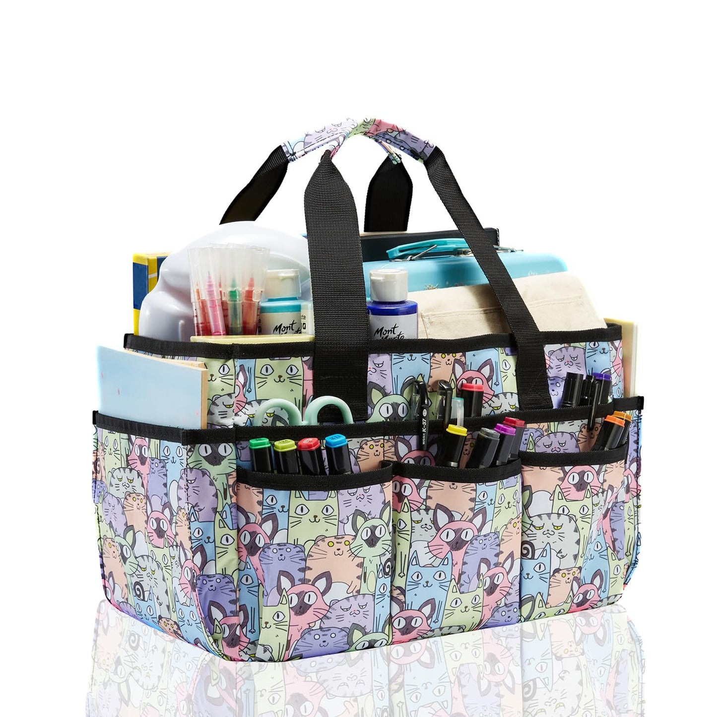 JOSIVIKY Craft Organizer Tote Bag, Art Organizer, Craft Caddy with Multiple Pockets, Storage Bag for Sewing Tools, Art Supplies, Home and Office (Cat Print)