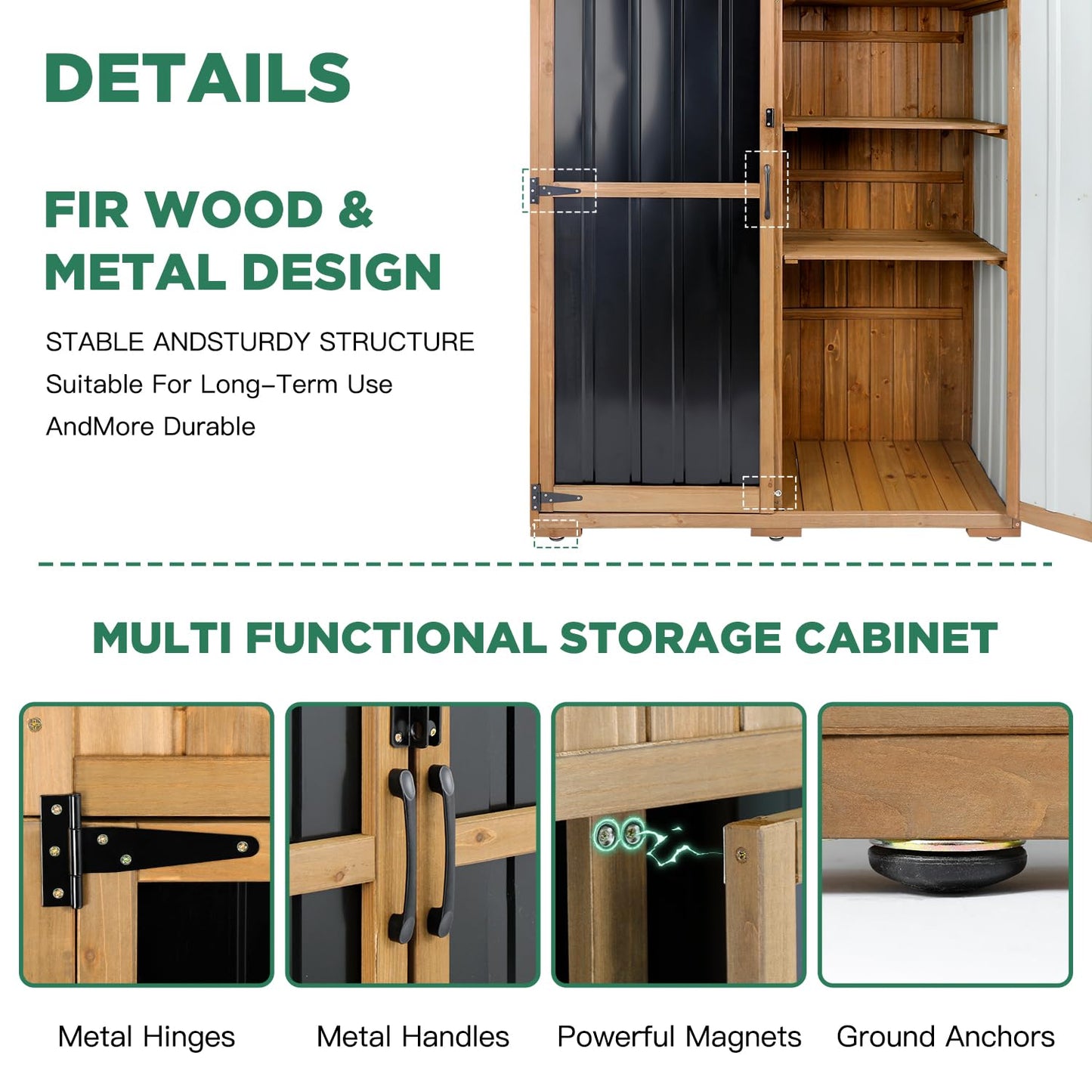 Outdoor Storage Cabinet Waterproof with Shelves, Outdoor Storage Shed Garage Cabinet Weatherproof, Wood & Metal Outside Patio Backyard Garden Pool Storage Tool Organizer
