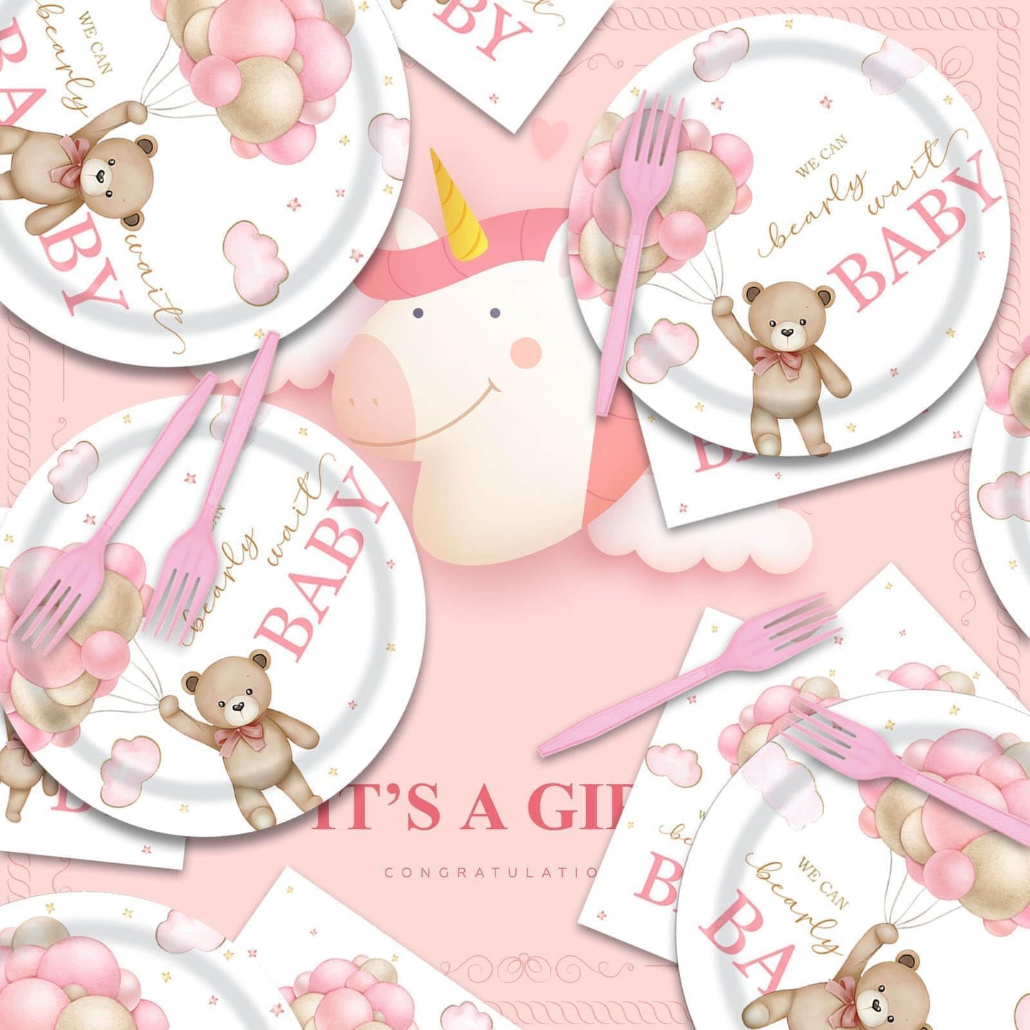 96 Pcs Bear Baby Shower Party Plates and Napkins Set, We Can Bearly Wait Party Decorations Supplies Brown Coffee Pink Tableware for Girl Baby Shower Decor, Serves 24