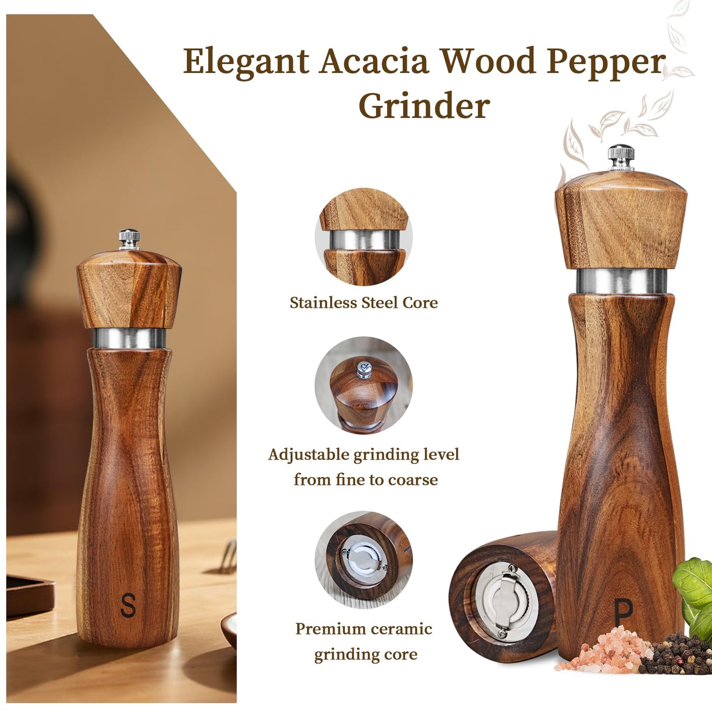 2 Pack Acacia Wood Salt and Pepper Grinder Set, Wooden Salt and Pepper Mill Set Salt and Pepper Shaker Tableware Birthday Gifts Ceramic Core-8 Inch