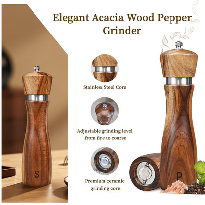 2 Pack Acacia Wood Salt and Pepper Grinder Set, Wooden Salt and Pepper Mill Set Salt and Pepper Shaker Tableware Birthday Gifts Ceramic Core-8 Inch