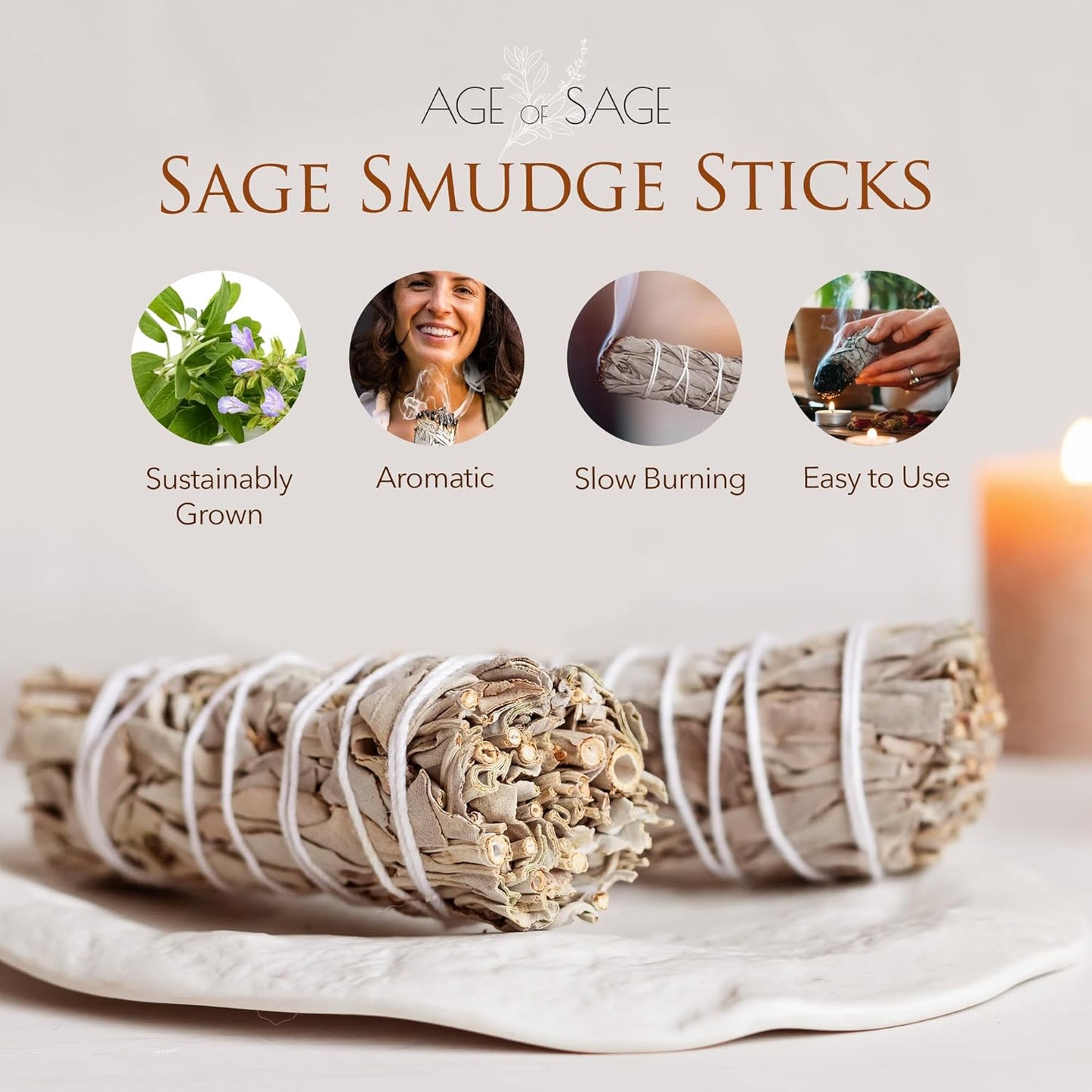 White Sage Smudge Sticks, 4" Long Burning Sage Bundle for Cleansing House, 3 Pack