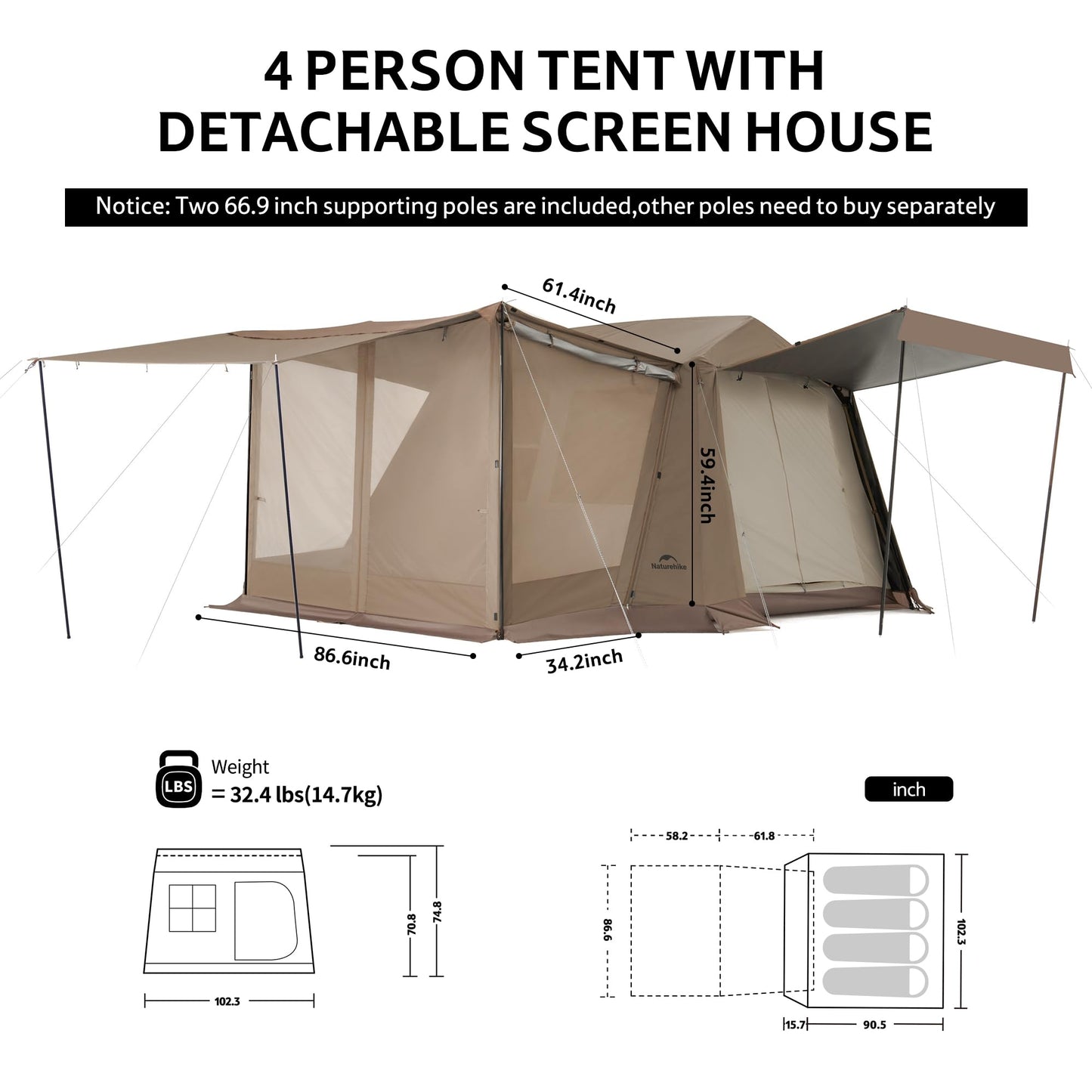 Naturehike Village Instant Tent, 4 Person 8 Person Camping Tent with Full Rainfly, Waterproof Large Cabin Tents for Car Camping