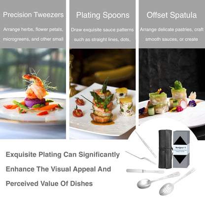 Bonigour Plating Tool Culinary Set, 6 Piece Professional Chef Plating Tools Kit, Chef Plating Utensils, Spatula, Tweezers for Modernist Cuisine Food Art, Black, Cooking Utensils (Silver)