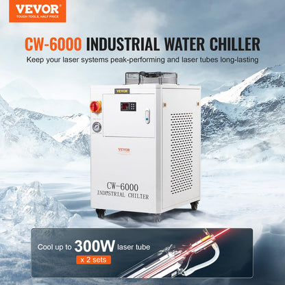 VEVOR Industrial Water Chiller, CW6000, Industrial Water Cooler Cooling System with Compressor 15L Water Tank Capacity 65 L/min Max Flow Rate, for 2 Sets of 300W CO2 Laser Engraving & Cutting Machine