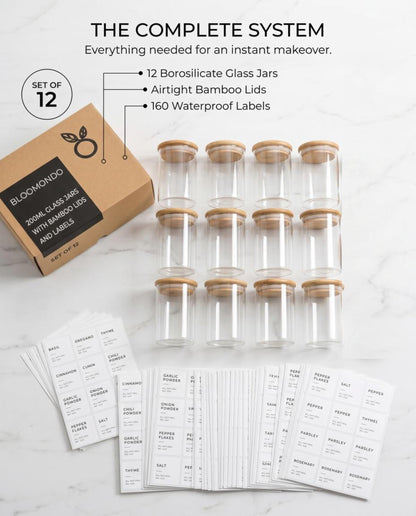 Bloomondo Empty Spice Jars with Label Pack (12x Bamboo Lid Glass Jar). Small 6oz Spice Storage Bottles with 112 Printed Stickers and 48 Writable Pantry Labels for Seasoning Containers