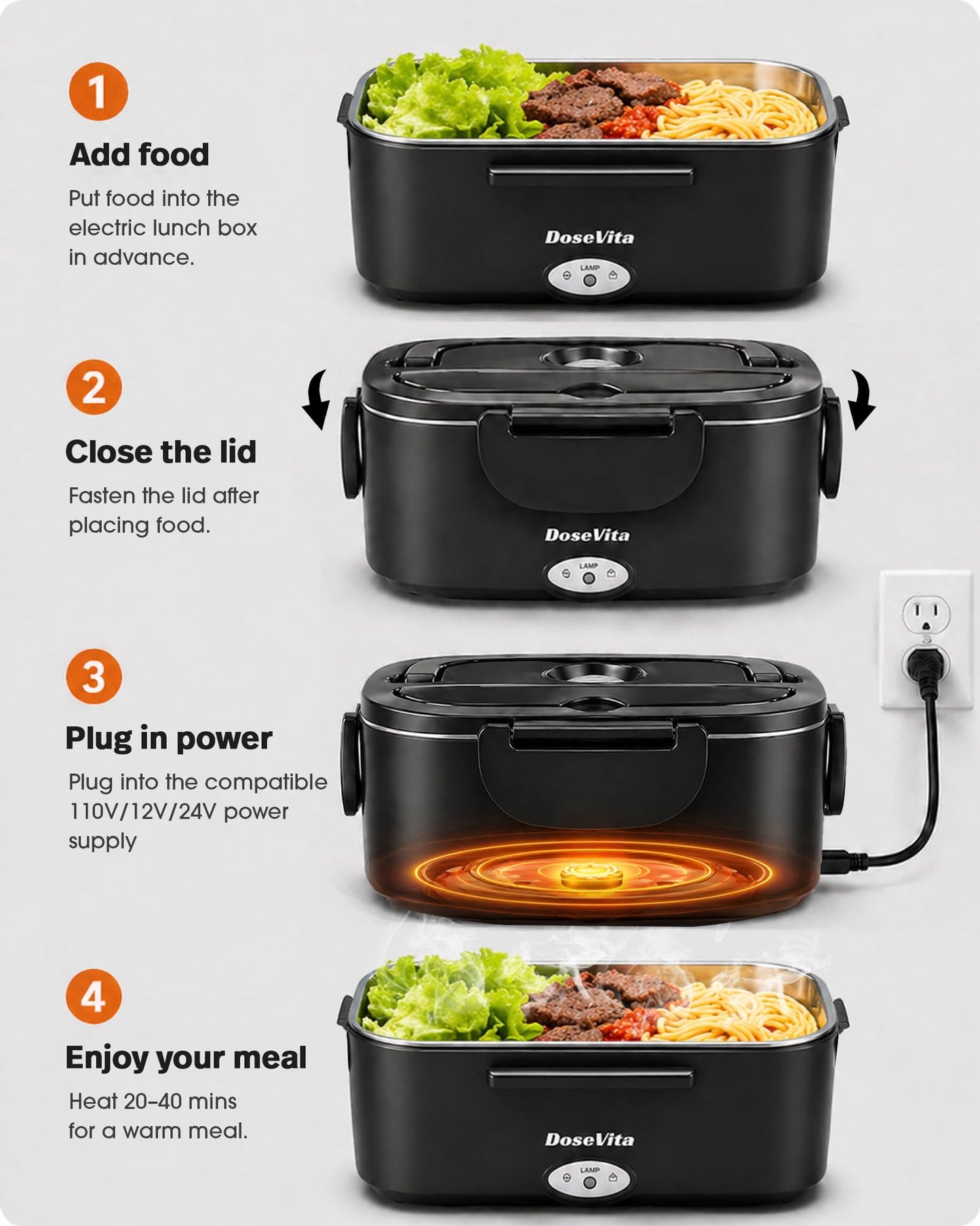 Dosevita Electric Lunch Box for Adults, 80W Heated Lunch Box 1.5L 304 Stainless Steel Portable Food Warmer,12/24/110V Lonchera Eléctrica Portátil for Car, Truck, Work, Travel