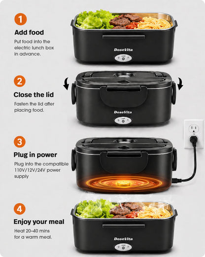 Dosevita Electric Lunch Box for Adults, 80W Heated Lunch Box 1.5L 304 Stainless Steel Portable Food Warmer,12/24/110V Lonchera Eléctrica Portátil for Car, Truck, Work, Travel