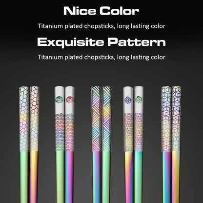TIICOO Metal Chopsticks Reusable 18/8 Stainless Steel Chopsticks Laser Engraved Premium Titanium Chop Sticks Dishwasher Safe Lightweight Japanese Korean Chopsticks 5 Pairs Gift Set (Rainbow)