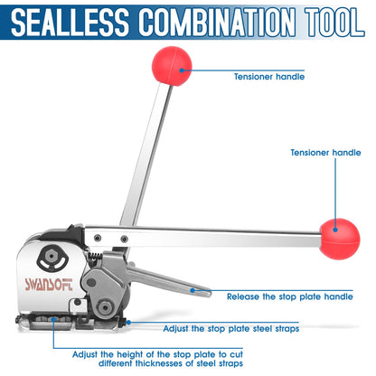SWANSOFT Steel Banding Strapping Kit, Stainless Manual Packaging Banding Strapping Machine, Metal Steel Banding Tool Packing for Width 1/2" 5/8" 3/4" Sealless Combination Tools (No Need Buckle)