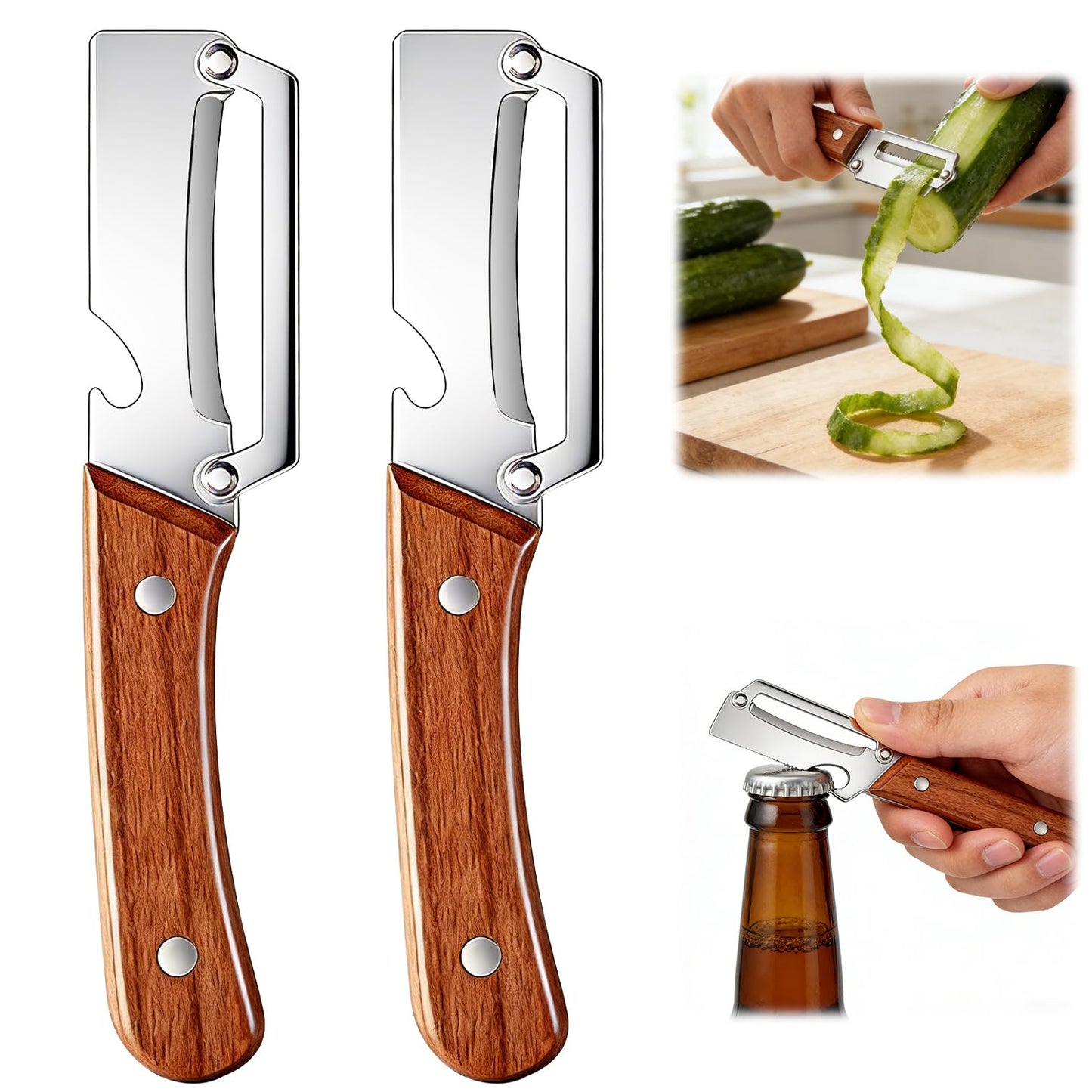 2 Pcs Multi-Functional Vegetable Peeler for Kitchen, Premium Vegetable Peeler with Wooden Handle and Bottle Opener, Stainless Steel Blade Kitchen Tool for Fruit Apple Potato Pumpkin Papaya Carrot
