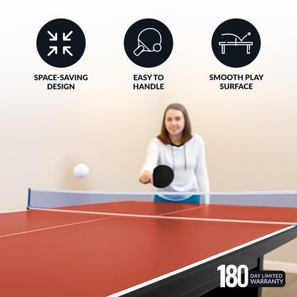 Hathaway 9 ft Quick Set Table Tennis Conversion Top – Regulation Sized, Foldable, Durable Engineered Surface, Protection Pads – Indoor Ping Pong Table Topper for Pool Table w/Net & Posts – Red
