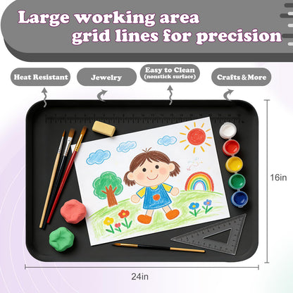 Silicone Art Mat for Crafts, 24"x16" Silicone Painting Mat to Keep Clean Protects Surfaces Perfectly for Crafts, Legos, Resin & Jewelry-Making, DIY Crafts Mat (Black)