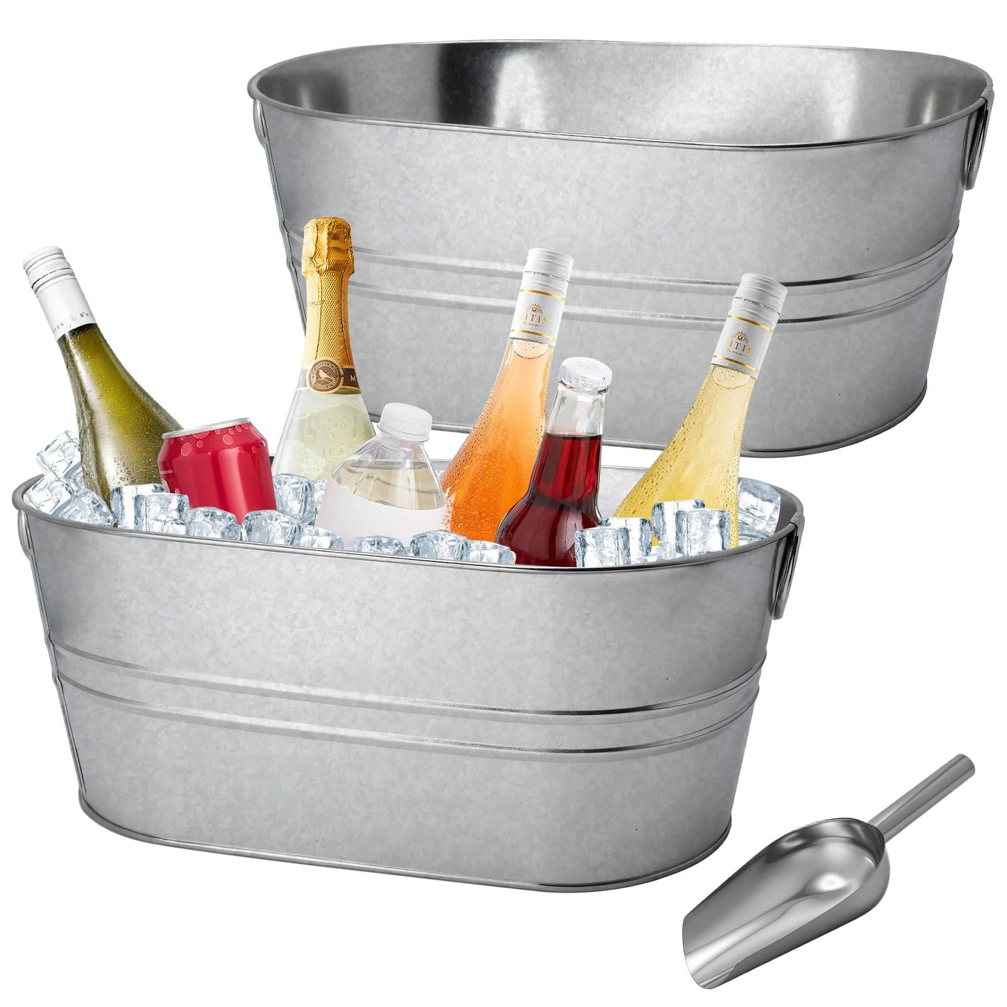 2 Pack 4 Gallon Galvanized Tub Ice Buckets for Parties Portable Beverage Tub with Handles Champagne Bucket Metal Ice Buckets for Cocktail Bar with Ice Scoop