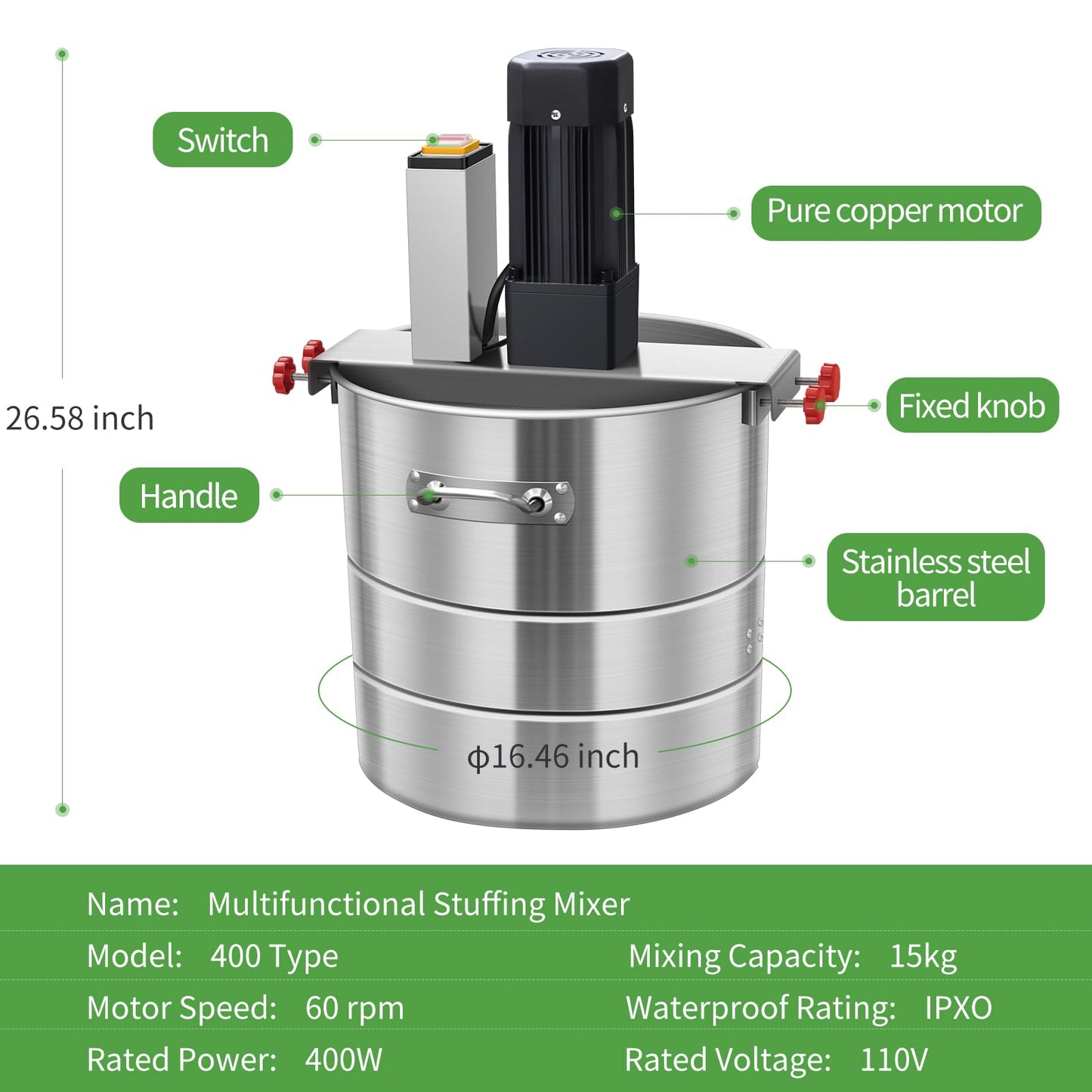 Multifunctional Stuffing Mixer, 33Lbs Automatic Dry and Wet Food Mixer, 110V 400W Stainless Steel Stirring Machine For Various Fillings, Dumpling Stuffing, Salads, Dry Powders, Commercial Food Mixer