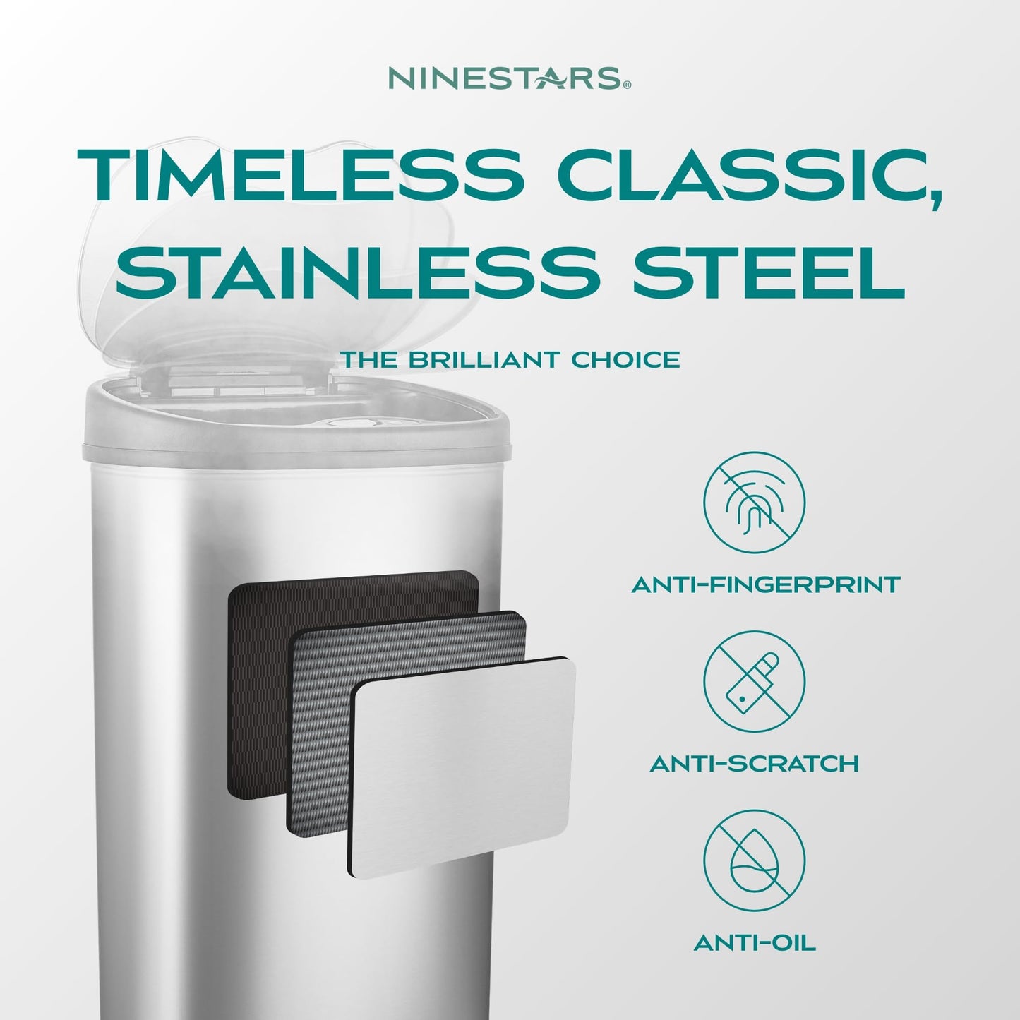 Ninestars 13 Gallon Oval Automatic Trash Can, 50L Touchless Motion Sensor Garbage Can with Odor-Sealing Lid & One-Touch Manual Mode, Silver Stainless Steel, Black Trim