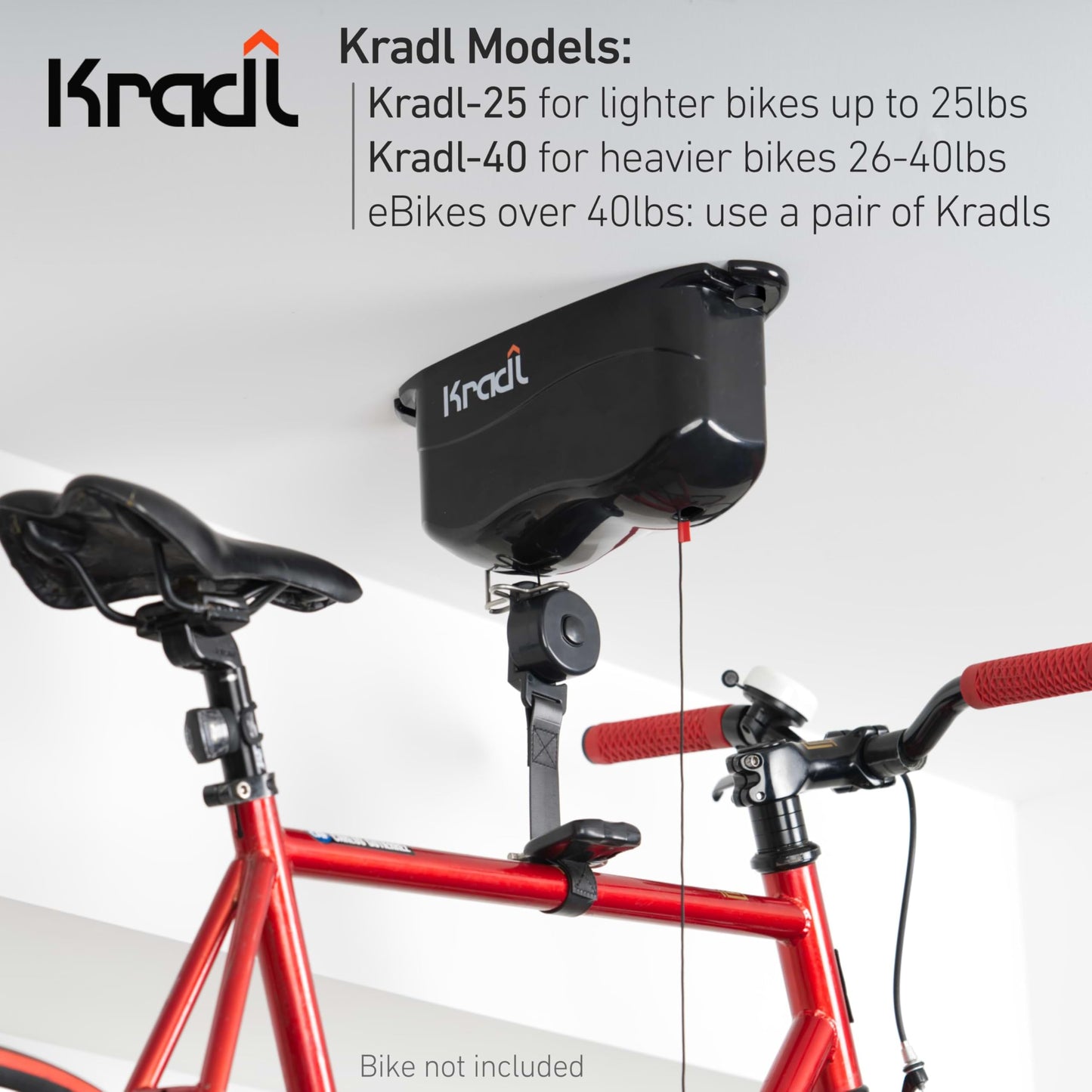 Kradl 2-Pack (40 Pound / 40 Pound). Ceiling Mount Bike Lift and Rack. Bicycle Storage Hoist Without Electricity, Clumsy Ropes or Pulleys.