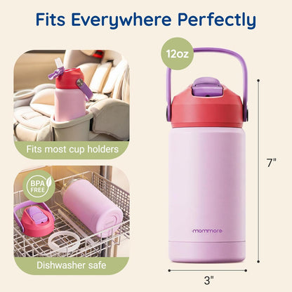 Mommore Kids Water Bottle - 12 oz Insulated Stainless Steel, Leakproof & BPA-Free, Dinosaur Design