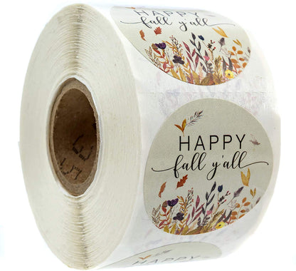 Happy Fall Y'all Stickers / 1.5 Inch Autumn Leaves Circle Labels / 500 Thanksgiving Floral Labels Per Roll