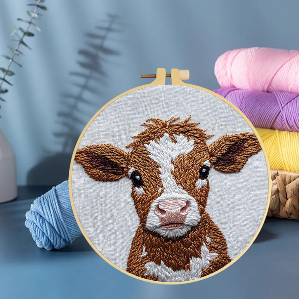 Punch Needle Kits Cute Jersey Cow Embroidery Starter Set with Hoop Easy for Beginners DIY Stress Relief Handmade Craft Hobby and Home Decor 20x20cm-5