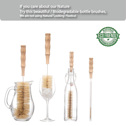 4 Pcs Bamboo Bottle Brush Set by HELLO NATURE – Long Handle Cleaning Brushes for Water Bottles, Baby Bottles & Glassware, Sustainable & Plastic-Free