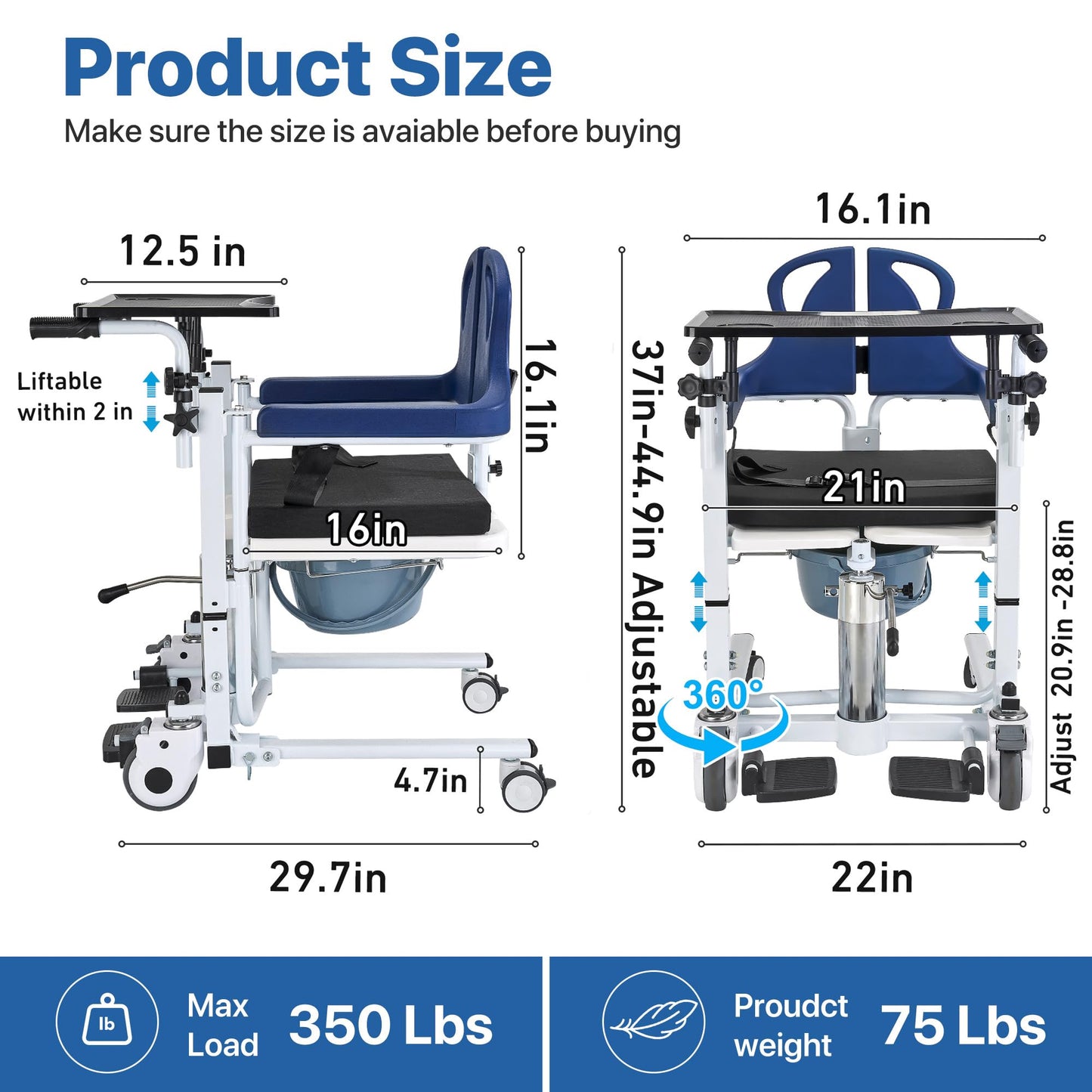 Patient Transfer Lift Chair, 350 lb Capacity, 180° Split Seat, Hydraulic Commode Wheelchair for Elderly, Bed to Toilet
