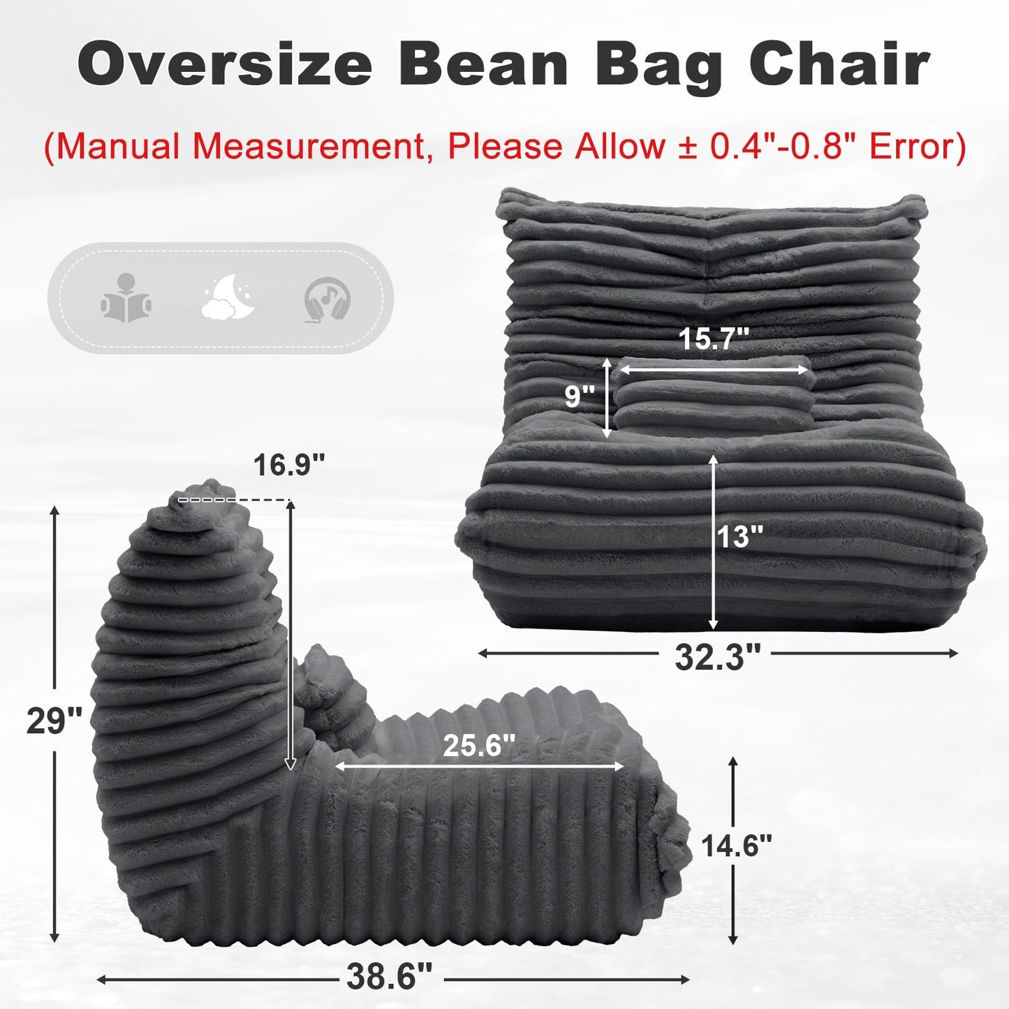 ZOOVEE Giant Bean Bag Chair with Lumbar Pillow, Memory Foam Filled Oversized Floor Sofa for Adults, Comfy Fireside Lounge Chair for Apartment, Living Room, Bedroom, Reading (Grey)
