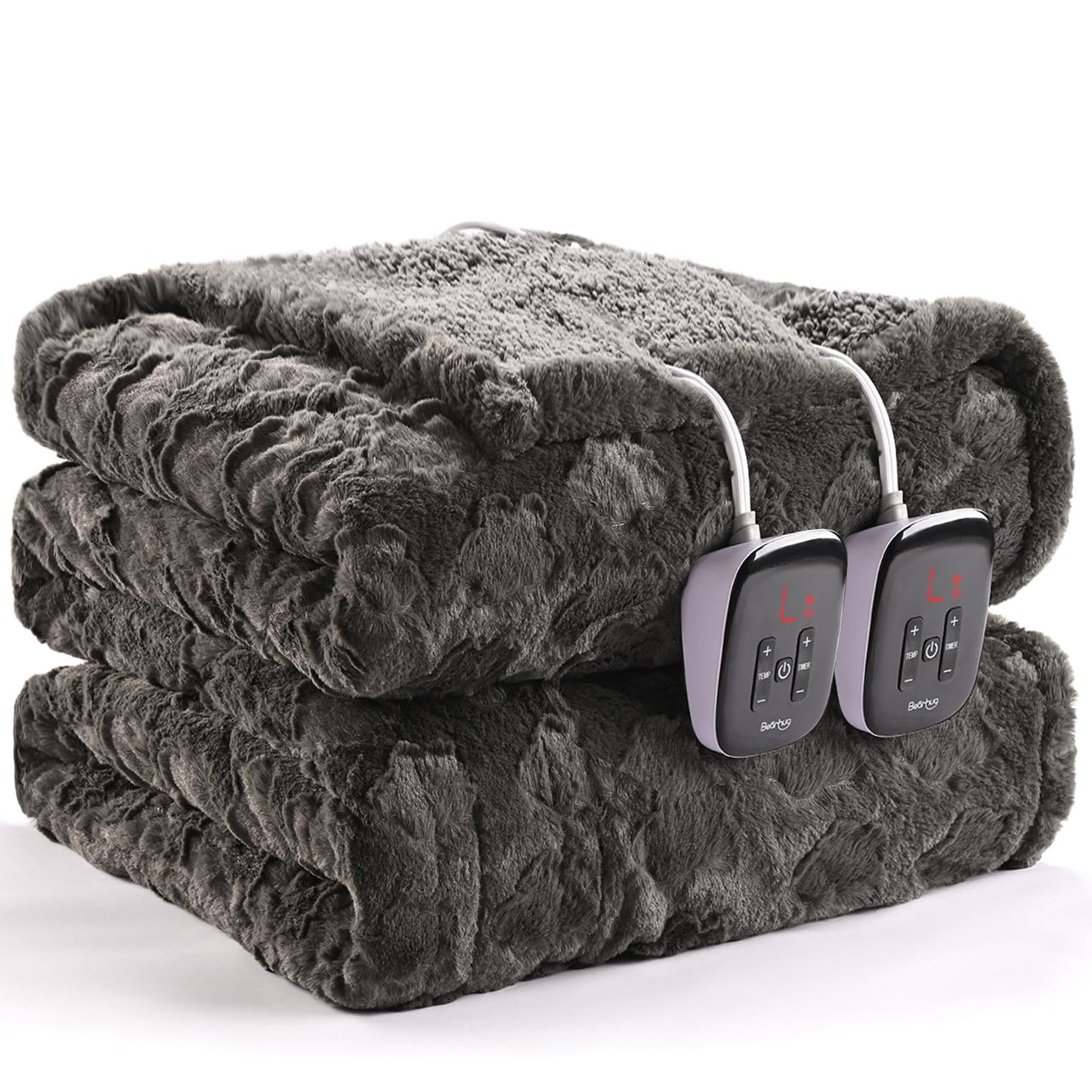 Bearhug Electric Blanket King Size 100" x 90", Dual Controller Heated Blanket, White Flower Patterns Faux Fur & Warm Sherpa, 10-Heat Levels & 1-12H Auto Off,ETL, Machine Washable