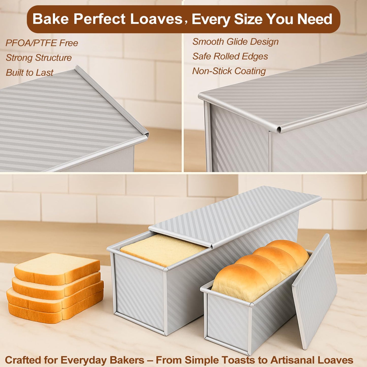 Logario 2-Pack Pullman Loaf Pan with Lid –Includes Two Size 13 by 5 & 8.4 by 4.8 Loaf Pan, Silver Textured Finish, Vented Bottom, Nonstick Bread Pan Set, Ideal for Sandwich Bread, Toast, Sourdough