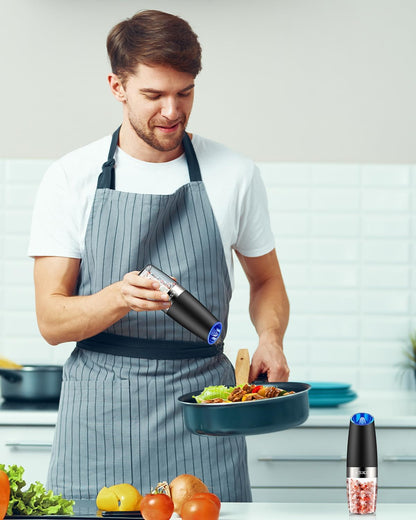 XinXu Gravity Automatic Electric Pepper and Salt Grinder, Auto Mill Shaker, Stainless Steel, Black with Blue LED Light
