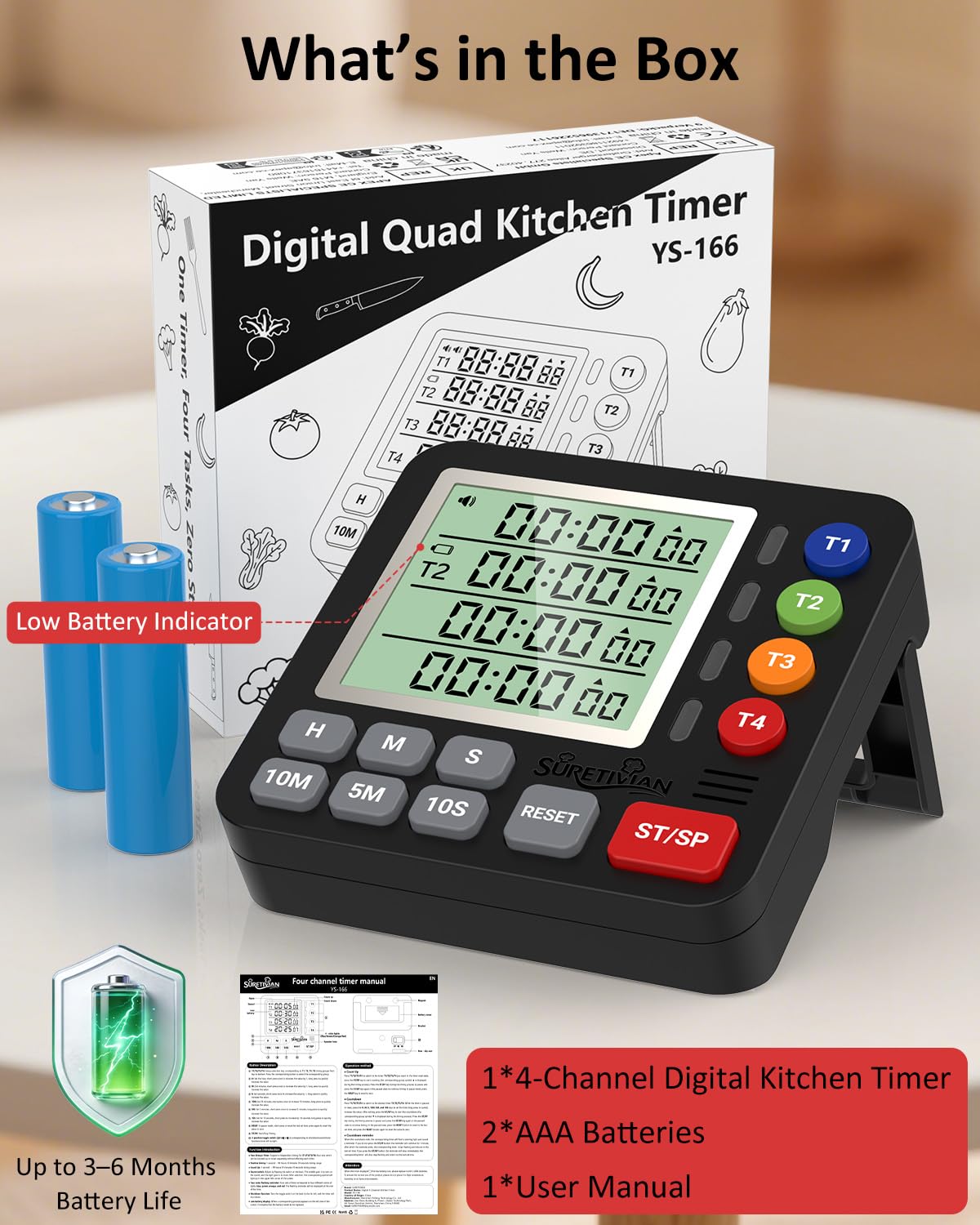 Digital Kitchen Timer for Cooking - 4 Channel Count Up Countdown Timer with Loud Alarm and Silent Mode, Large Display, Magnetic Back, Auto Memory for Classroom Study Gym, Battery Included (Black)