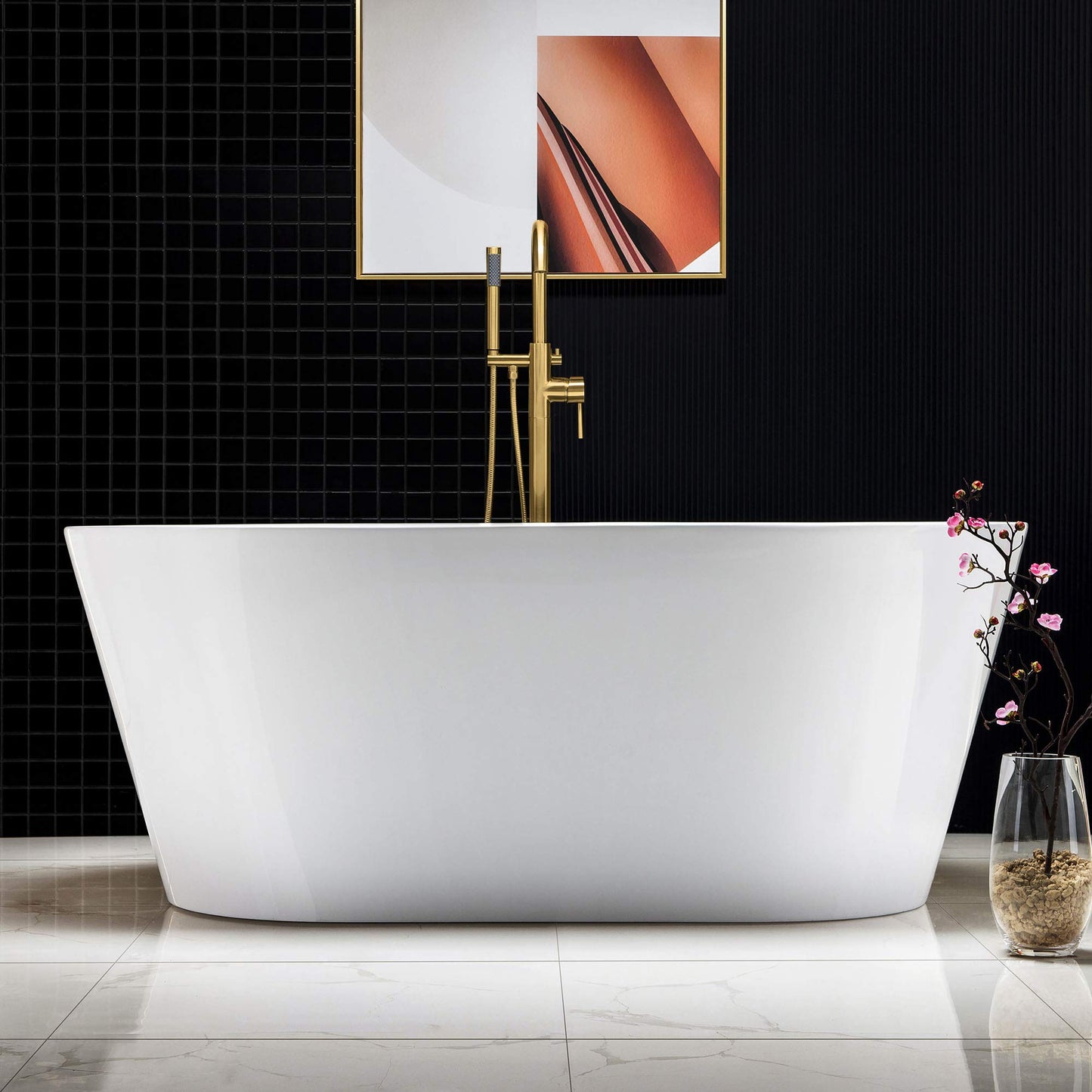 WOODBRIDGE 59" Acrylic Freestanding Bathtub Contemporary Soaking White Tub with Brushed Gold Overflow and Drain，B0014-BG