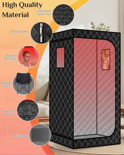 Smartmak Portable Sauna with Infrared 660nm Red Light Therapy Lamp for Home Relaxation, Personal Large Full Size Sauna Spa Tent, 1500W High Power Hot Air Saunas, Folding Chair Indoor Use, 130–150°F