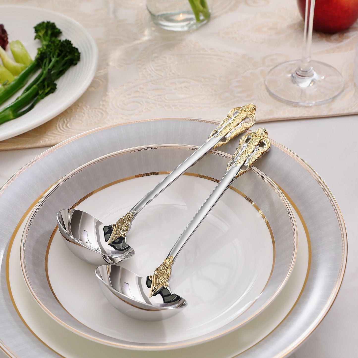 KEAWELL Premium 7.5 inch Luxury Gravy Ladle, 18/10 Stainless Steel, Small Gravy Spoon for Home. Solid and Sturdy, Dishwasher Safe. (2, Gold Accent)