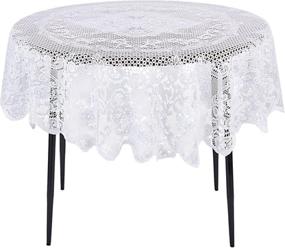 Juvale Round White Lace Tablecloth - Polyester Table Cover for Wedding Reception, Vintage Round Cover with Scalloped