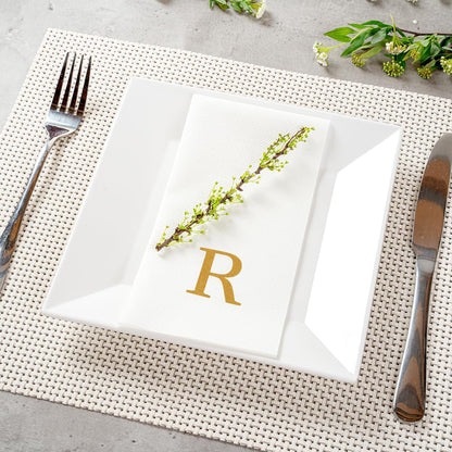 15.8 7.9 Inch 50 Luxenap X Linen-Feel Guest Towels, Lettered Hand Towels - Gold Letter 'R', Sans Serif Font, White