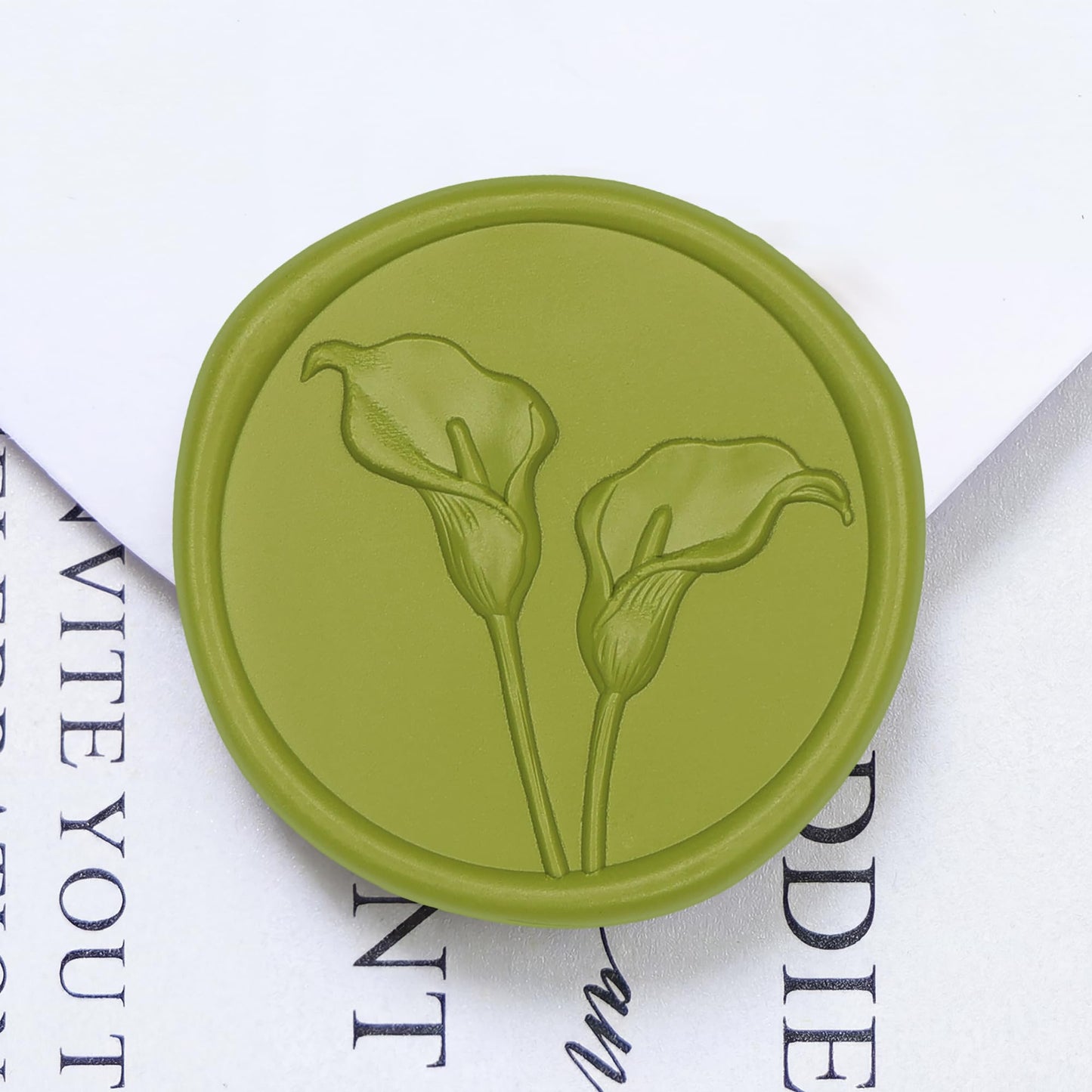 UNIQOOO Wax Seal Stickers - 3D Calla Lily Floral Wedding Invitation Envelope Seal Stickers, 50 Pcs Self- Adhesive Chartreuse Green Flower Wax Seals, Perfect for Bridal Shower, Gift Wrapping