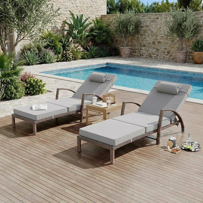 Garvee Outdoor Chaise Lounge Set of 2, 5-Position Adjustable PE Wicker Reclining Chairs with Wheels & 3.5" Cushions, 400 lbs Capacity All-Weather Patio Furniture for Poolside, Garden, Beach(Gray)