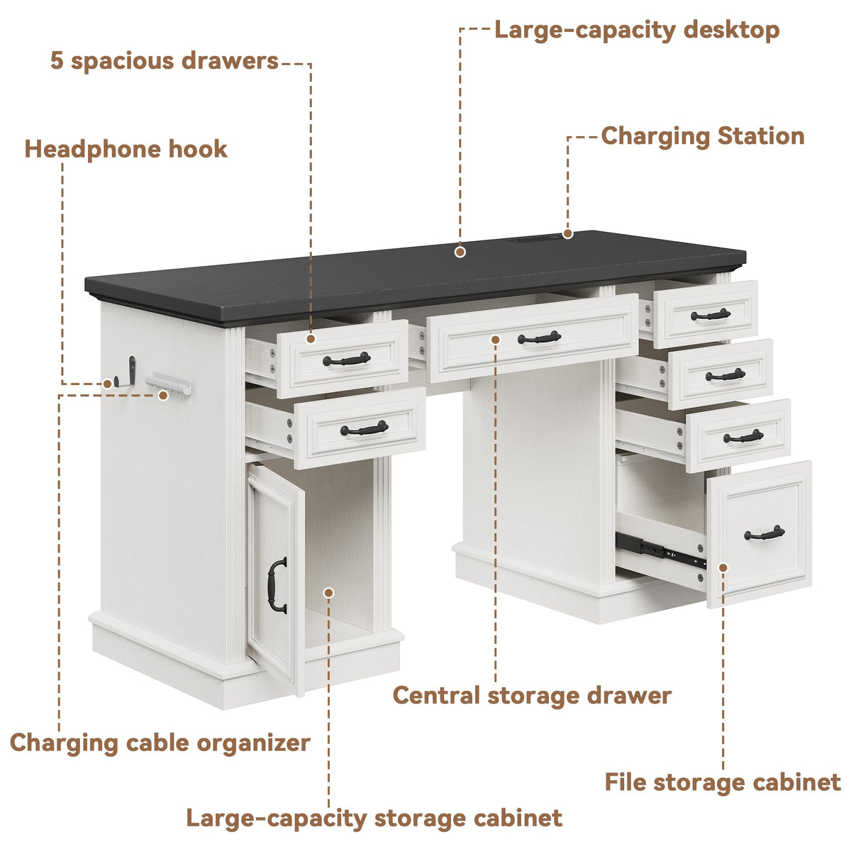 Jocoevol Farmhouse 57" Executive Desk with 7 Drawers, Home Office Desk with File Cabinet Storage, Computer Desk with Charging Station and Headphone Hook for Work, Study, Writing, White