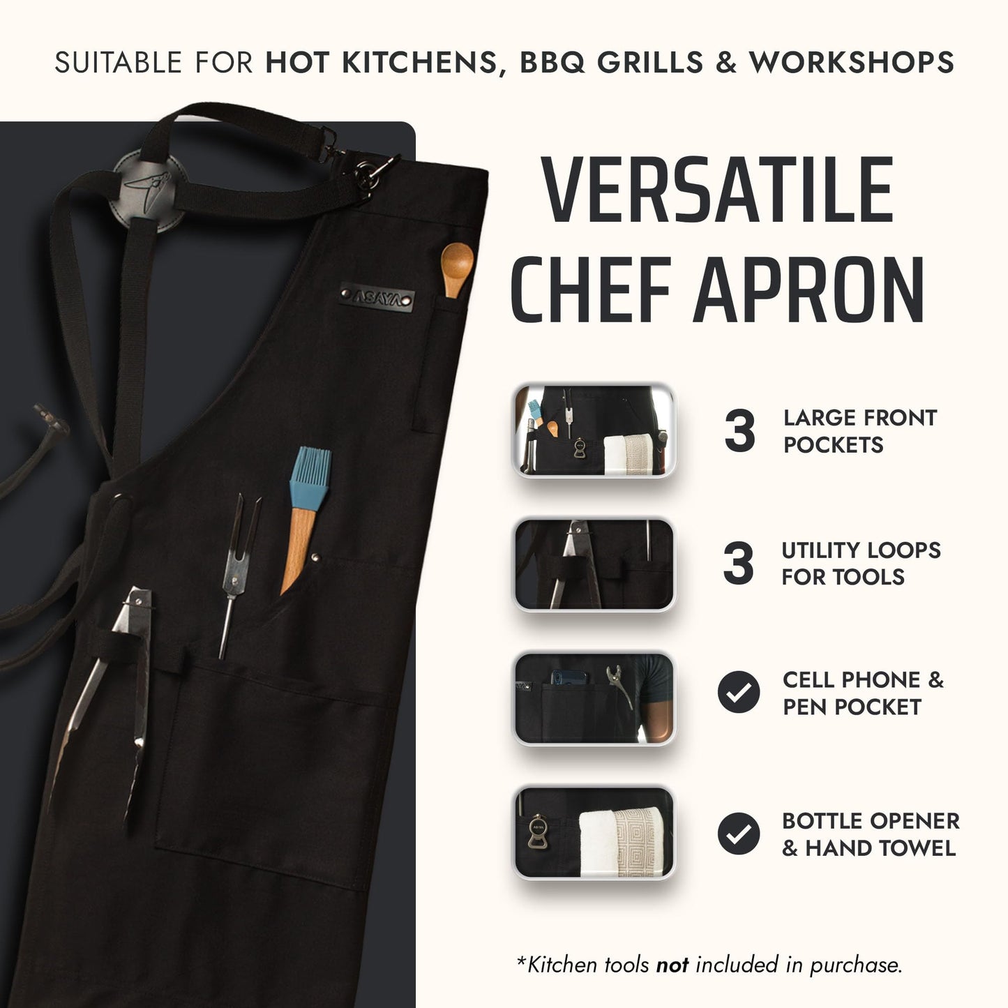 Asaya Chef & BBQ Apron with Pockets - Cross Back Canvas Cooking Apron for Women and Men, Adjustable Work & Grilling Aprons with Pocket, Bottle Opener and Hand Towel, 10oz Cotton Canvas (Black)