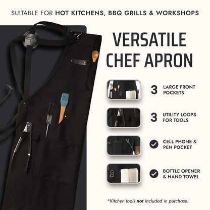 Asaya Chef & BBQ Apron with Pockets - Cross Back Canvas Cooking Apron for Women and Men, Adjustable Work & Grilling Aprons with Pocket, Bottle Opener and Hand Towel, 10oz Cotton Canvas (Black)